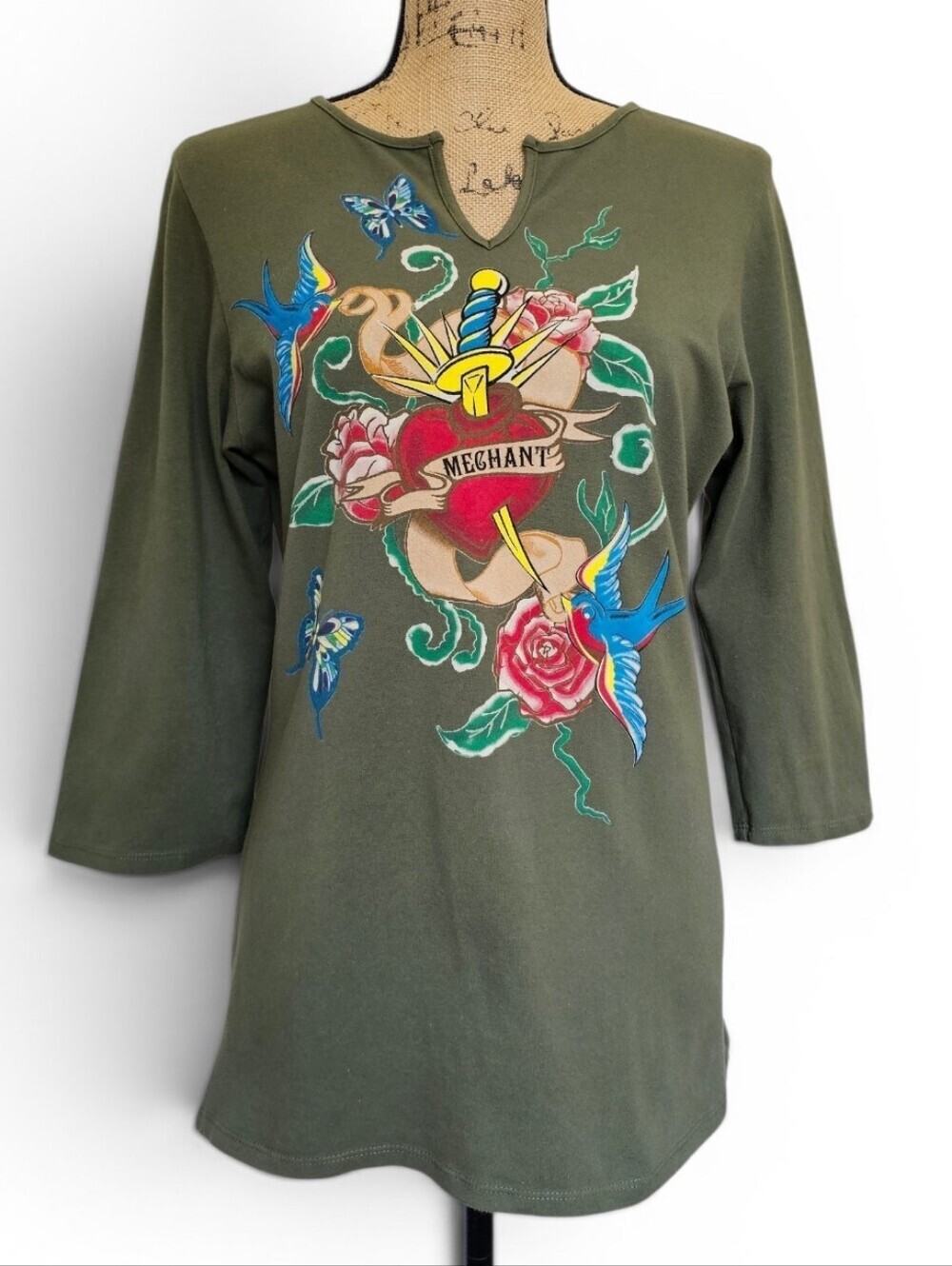 Atmosphere Y2K Grunge Punk Olive Green Tattoo Heart Sword Graphic Shirt, Size M